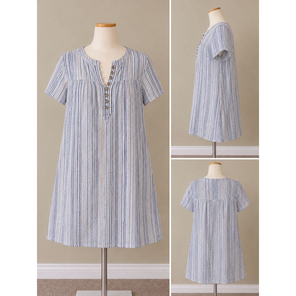 Blue Rain Blue White Striped Shift Dress Gauze Split Neck Button Placket Size S